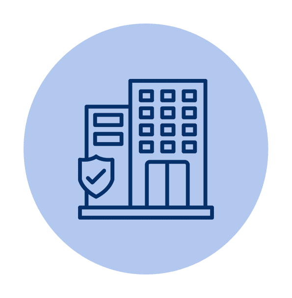 Icon of two buildings, one with a shield symbol.