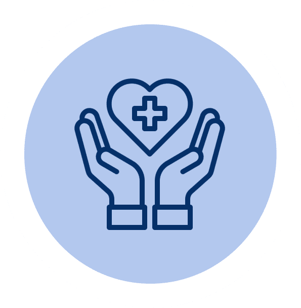 Icon of hands holding a heart with a medical cross.