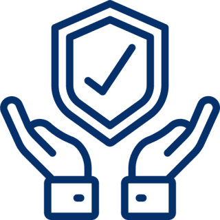 Blue icon of hands holding a shield with a checkmark.