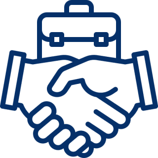 Icon of a handshake with a briefcase above.